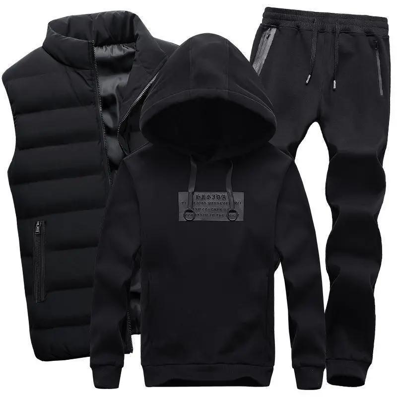 Three-piece Suit Men's Autumn and Winter Hooded Sweater Plus Velvet Clothes Vest Jacket Pants Sports Suit Men's Suit