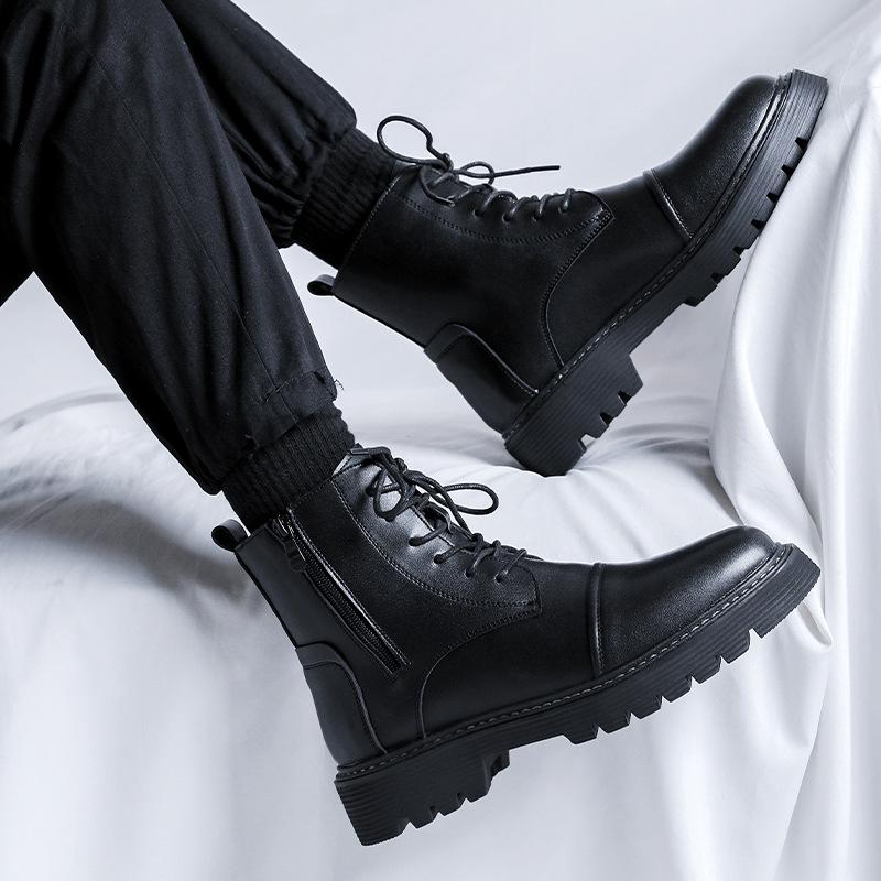 2025 British Mid-top Leather Boots Men's High-top Black Martin Boots Thick-soled Lace-up Short Boots 2910-R
