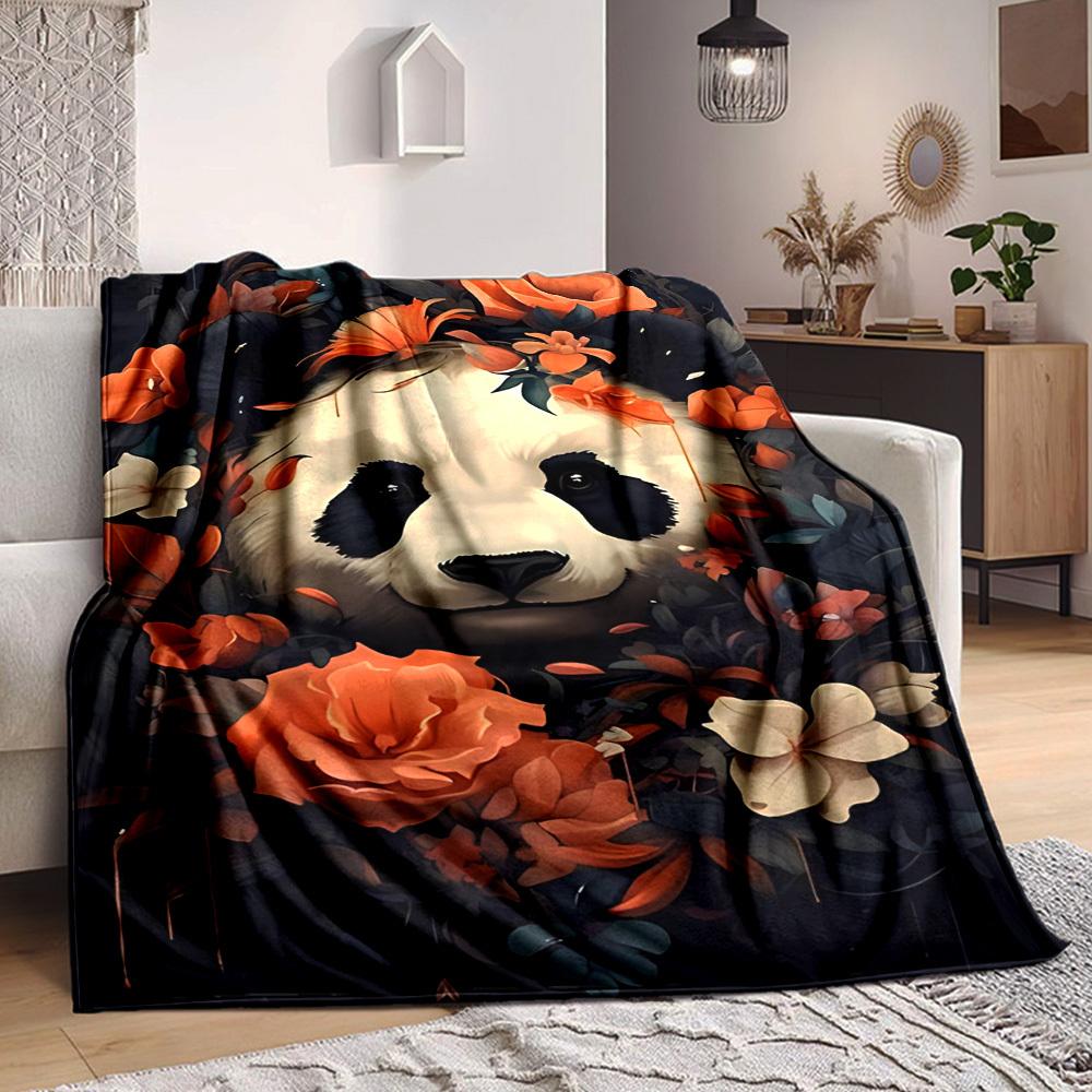 1pc Panda Floral Print Blanket - Lightweight Flannel Fleece with Digital Printing, Soft Warm for Sofa, Travel, Camping, Office yy251018272
