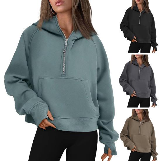Fall Winter Hoodie Hooded Half Zipper Pocket Long Sleeves Loose Thick Pure Color