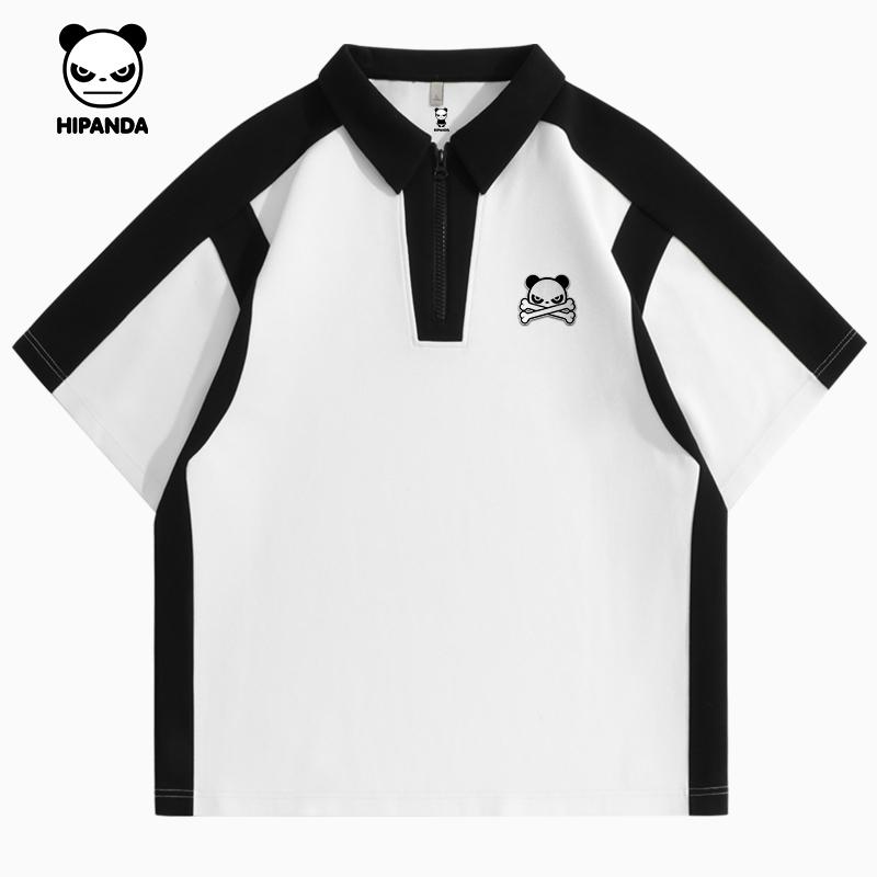 Hello Hipanda Panda Texture Half Zipper Collar Splicing Polo Shirt