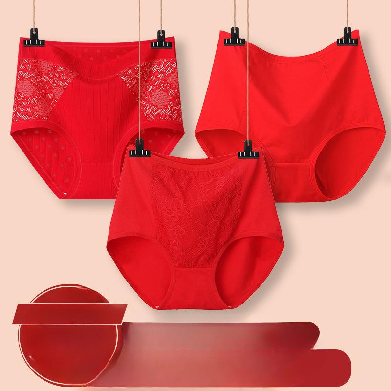 Женские трусы-брифы больших размеров из хлопка с высокой талией красного цвета