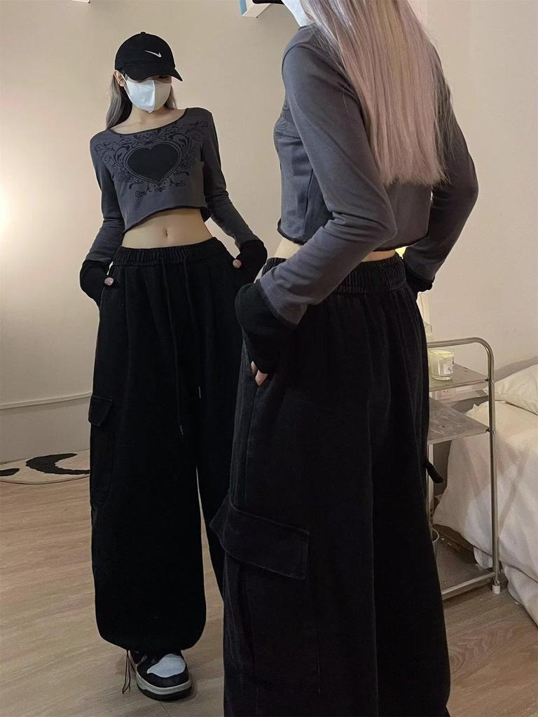 Retro High-Waisted Wide Leg Cargo Pants for Women - Street Dance Hip Hop Trousers, Straight Leg, Floor-Length