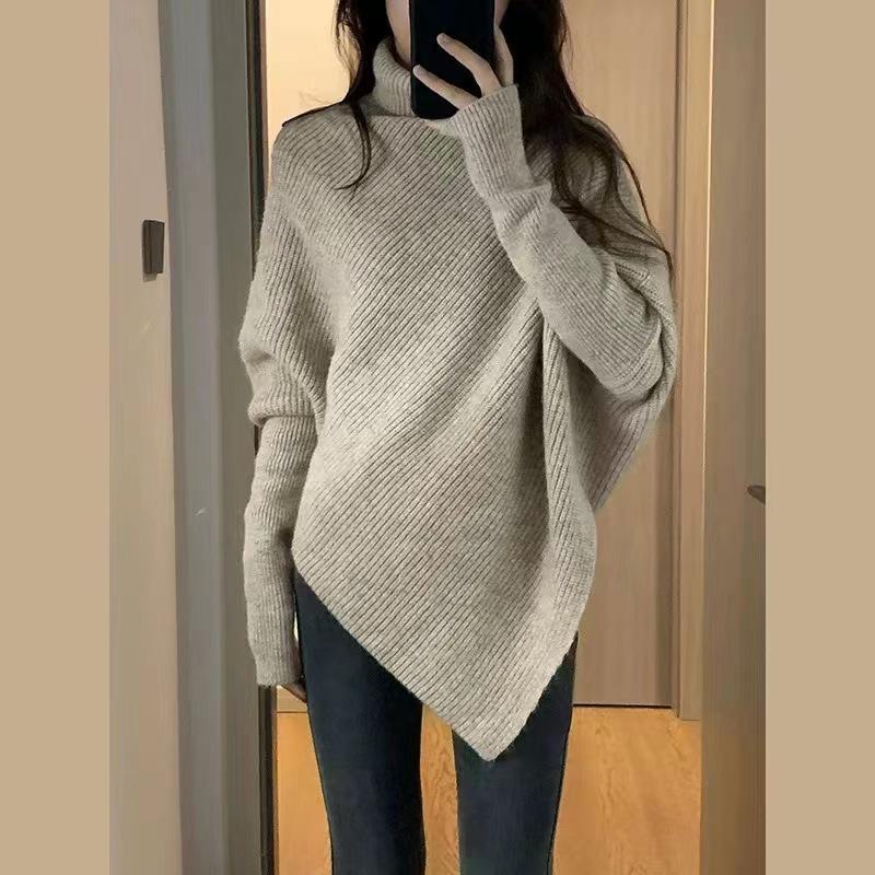 2024 Women's High Collar Irregular Hem Knitted Sweater - Soft, Loose, and Stylish