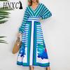 Женская мода лето весна полосатый принт с длинным рукавом и v-образным вырезом с высокой талией повседневные платья