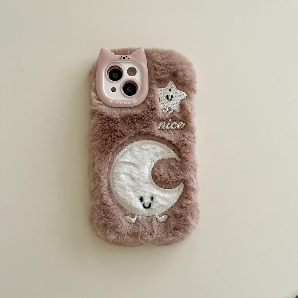 New Cat Ear Embroidery Star Moon Plush Phone Case iPhone Phone Accessories for Girls for iPhone 11 12 13 14 15 16 Pro Max
