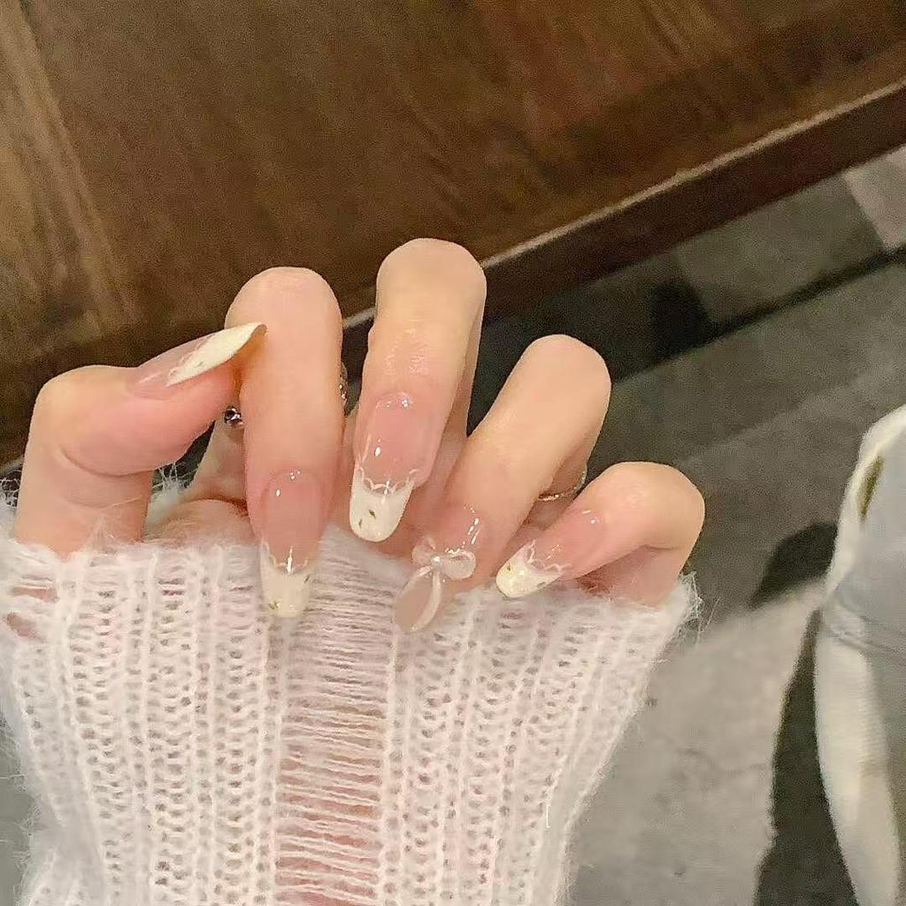 Чистое Желание Французские Кошачий Глаз Длинные Накладные Ногти – Новогодний Арт, Съемные, Полуручной Работы