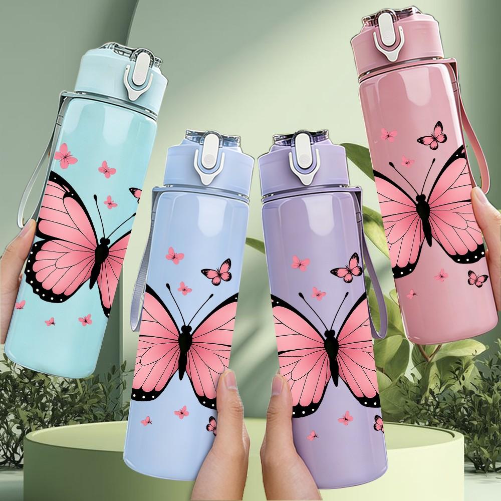 1PC Pink Butterfly Floral Art 750ml Color Plastic Sports Water Bottle Leakproof Flip Straw Lid Suitable for Sports Office Home Use