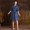 Johnature Retro Pocket Devise Cotton Casual Solid Color A-Line Dress Half Sleeve V-Neck Loose Vintage Style Embroidery Dress