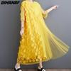 Dimanaf Dress Women 2025 New Plus Size Summer Style Mesh Short Sleeve Chiffon Oversize Solid Loose Basic Dresses Yellow A