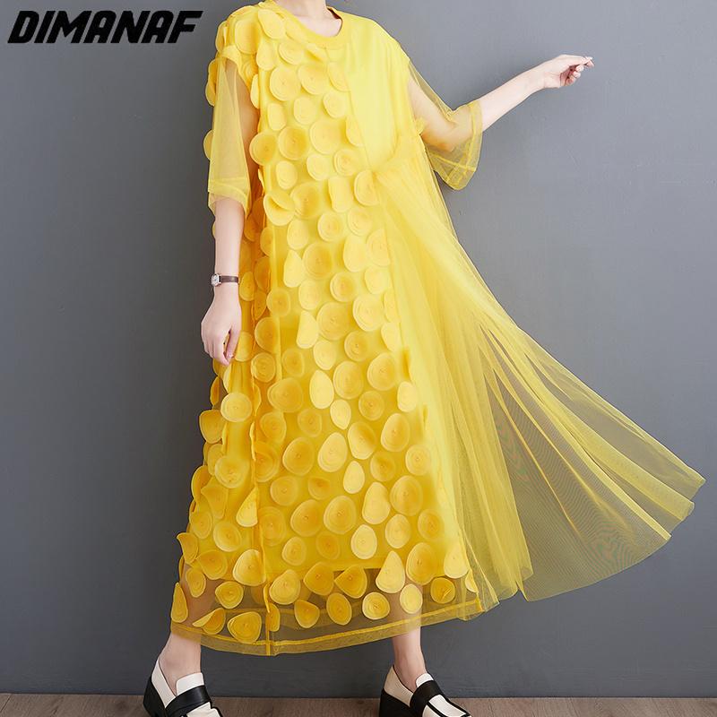 Dimanaf Dress Women 2025 New Plus Size Summer Style Mesh Short Sleeve Chiffon Oversize Solid Loose Basic Dresses Yellow A