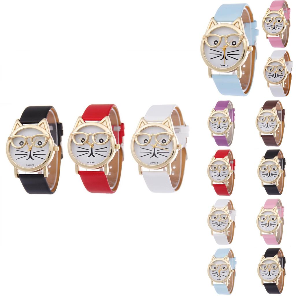 Очаровательные женские кварцевые часы с кошачьей мордочкой и кожаным ремешком, мультяшный дизайн