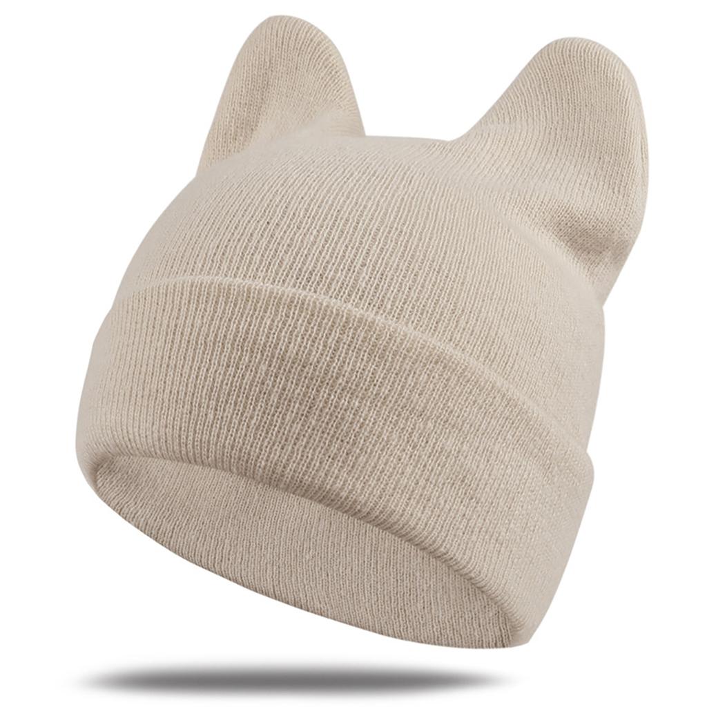 Cute Ears Solid Color Knit Hat for Women Autumn Winter Woolen Soft Warm Ear Protection Pullover Cap Girls Windproof Beanies Hat