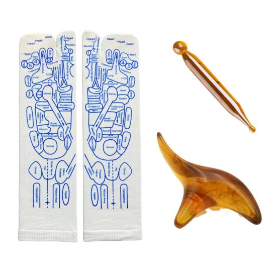 Набор носков для акупрессуры для рефлексологии стоп. Простые в использовании носки для акупрессуры с массажной палочкой. Таблица точек массажа ног. Инструменты для акупрессурного массажа.