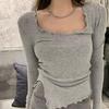 Women's Gray Long Sleeve Autumn T-Shirt - 2025 Tight Fit Short Design Top