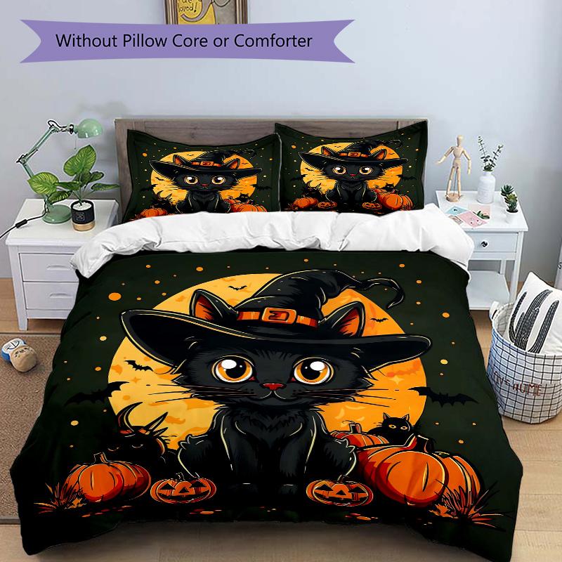 3pcs Spooky Night with Black Cats Printed Quilt Set - Includes 1 Quilt Cover and