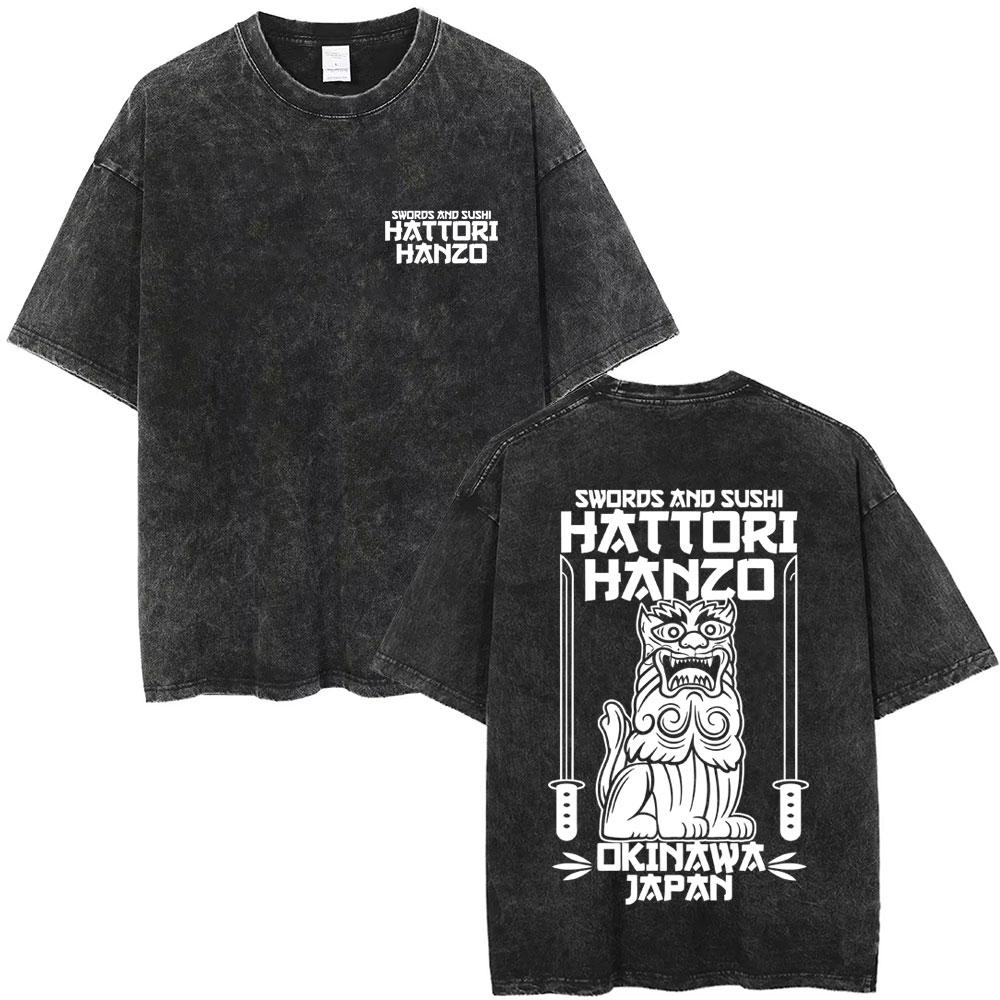 Hattori Hanzo RED Swords and Sushi Kill Bill Okinawa Japan Tarantino Vintage Washed T Shirts Men Women Casual Retro Streetwear