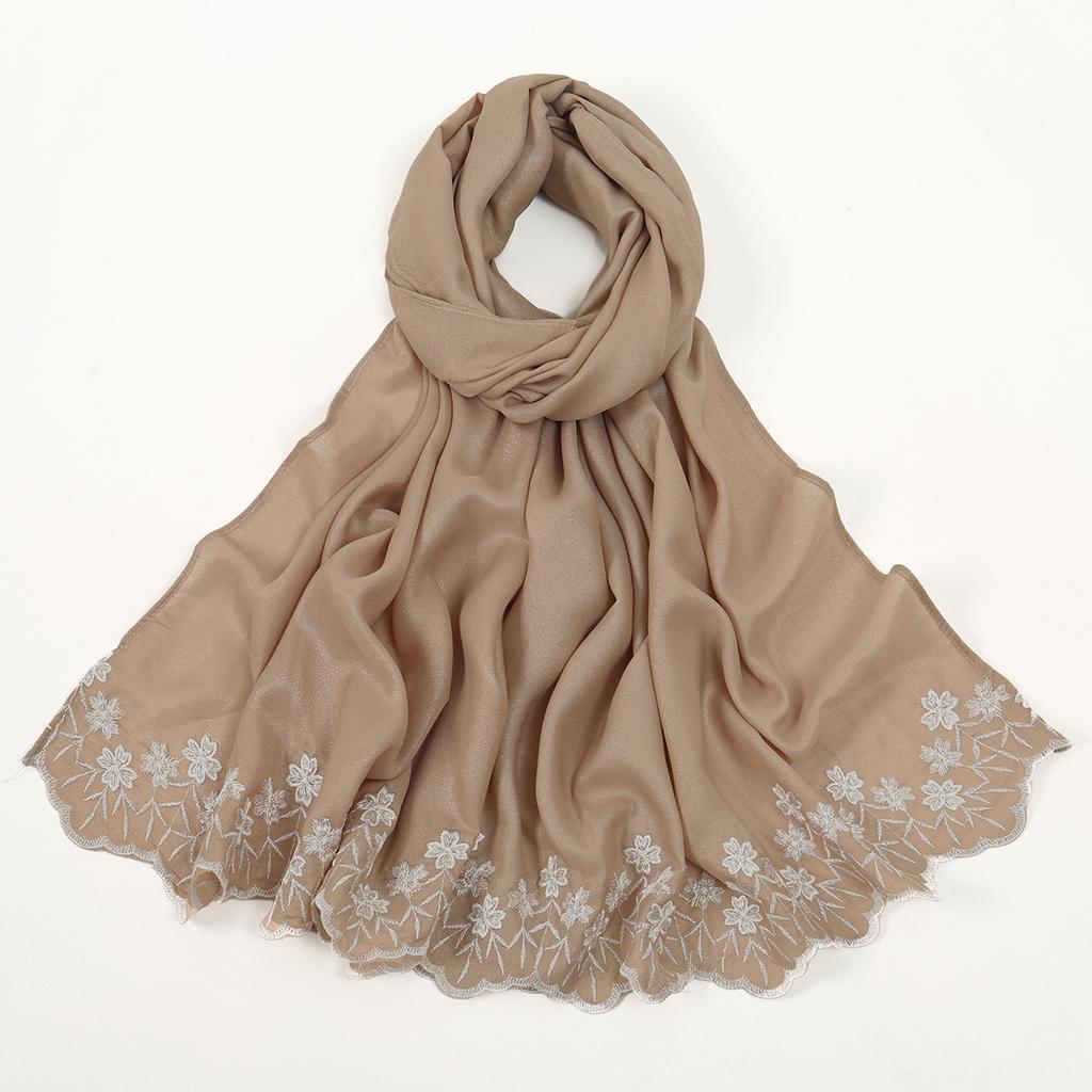 Solid Color Chiffon Embroidery Hijab - Ruffled Edge Long Scarf Islam Hijabs Women's Turbans Head Wrap Lightweight Scarf