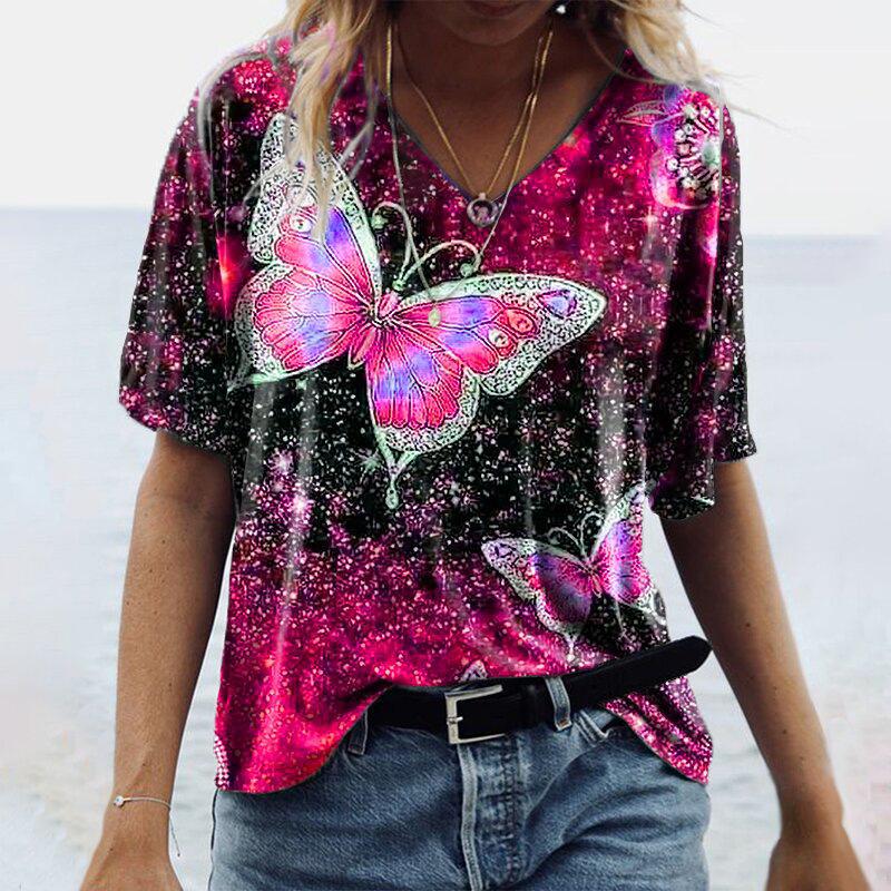 3D Butterfly Printed Women's T-shirt, V-neck Casual New Short-sleeved Style