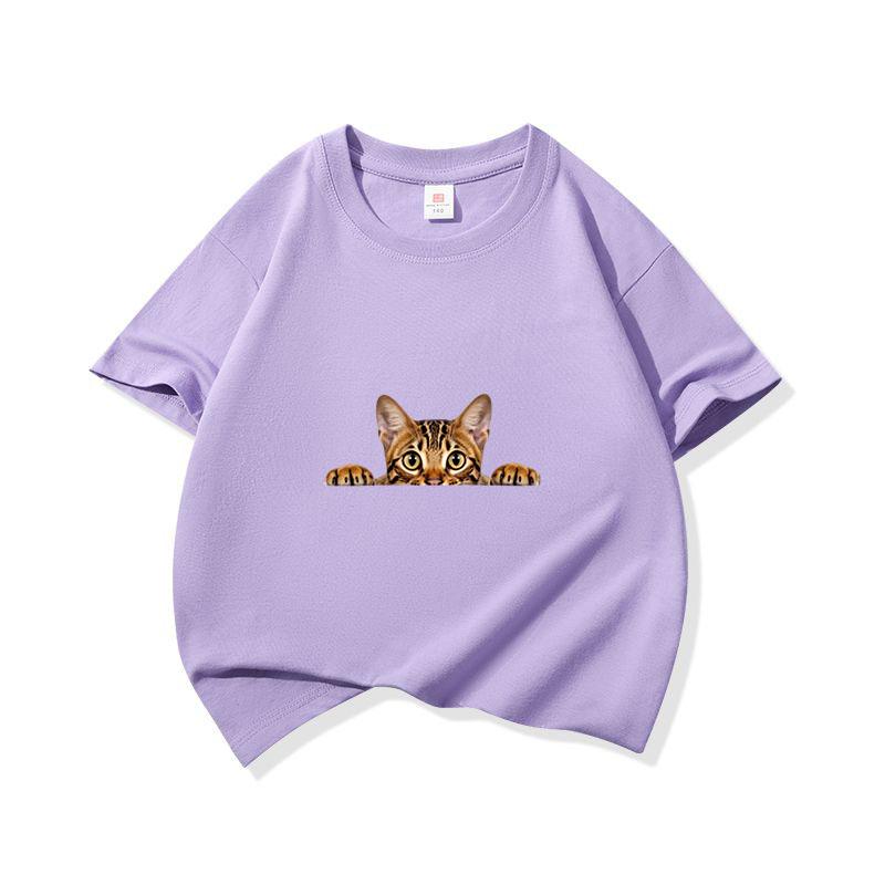 Kids Pure Cotton T Shirt Peeking Bengal Cat Print Crew Neck Short Sleeve Tee Casual Breathable Boys Girls Summer Tops