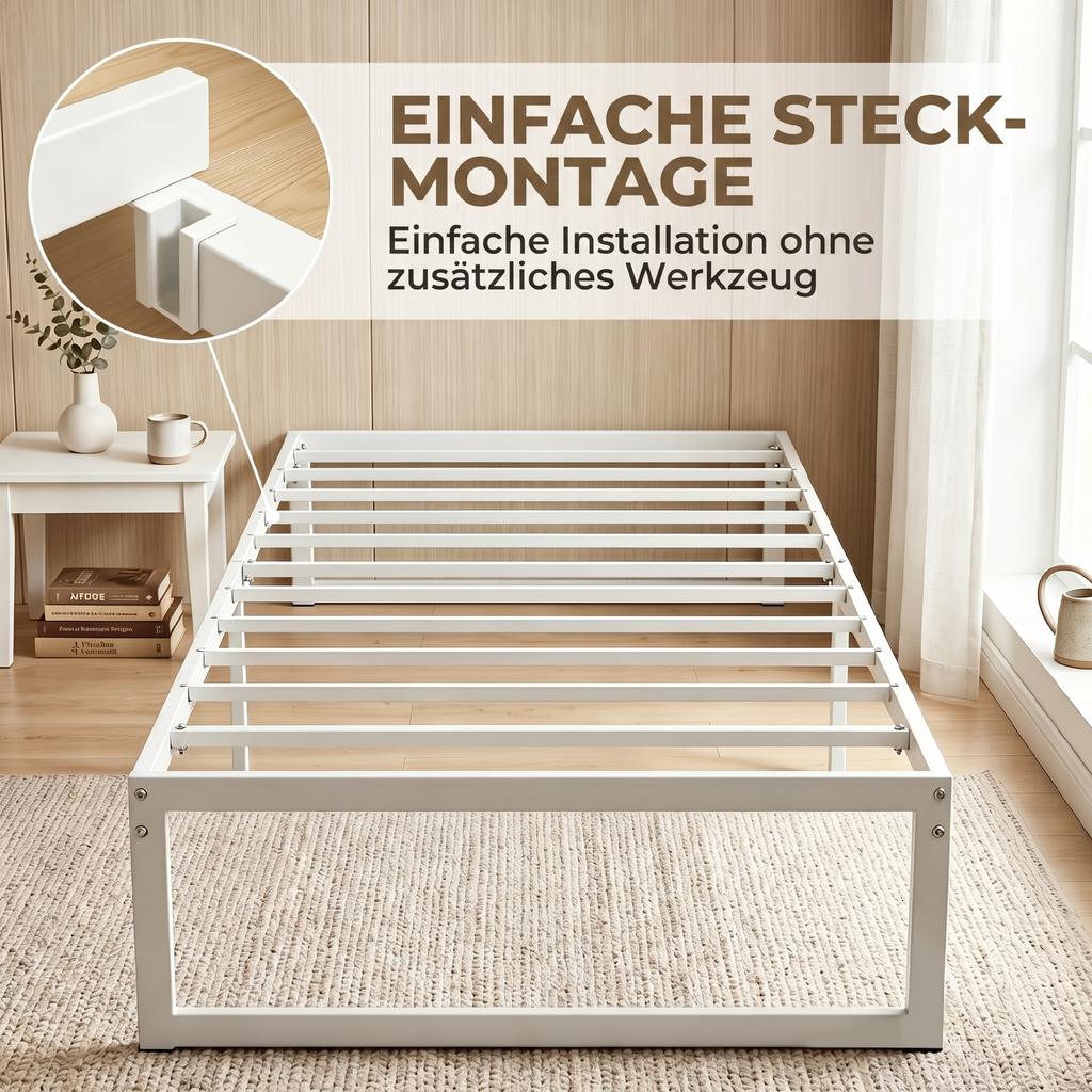 Bed Frame with Storage and Steel Slatted Base, 32.5 cm Tall, Low Noise, 200 x 90 cm, White