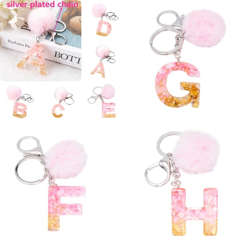 Stylish Keychain With Fluffy Ball And Gold Foil Letters Car Bag Pendant