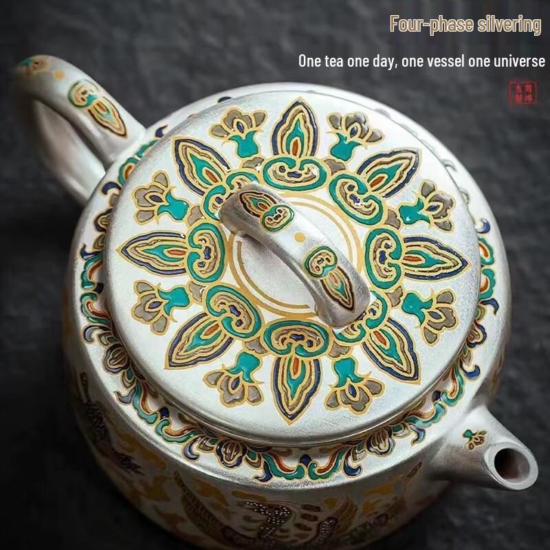 Chinese Dragon & Phoenix Gilded Silver Ceramic Tea Set