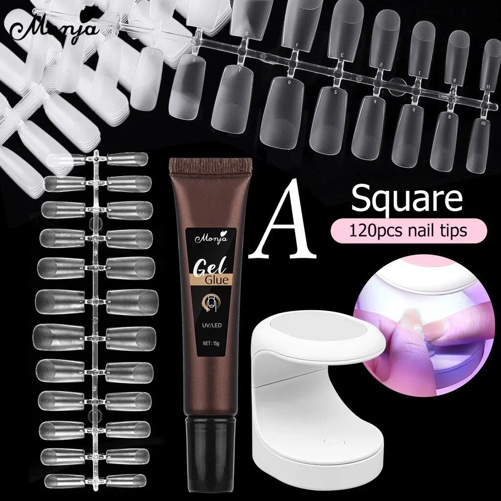 monja 3 шт., набор для наращивания акрилового дизайна ногтей, 6 Вт, светодиодная лампа для сушки, 15 г, УФ-гель, клей, матовый квадратный длинный гроб, миндаль, клей для накладных накладных кончиков