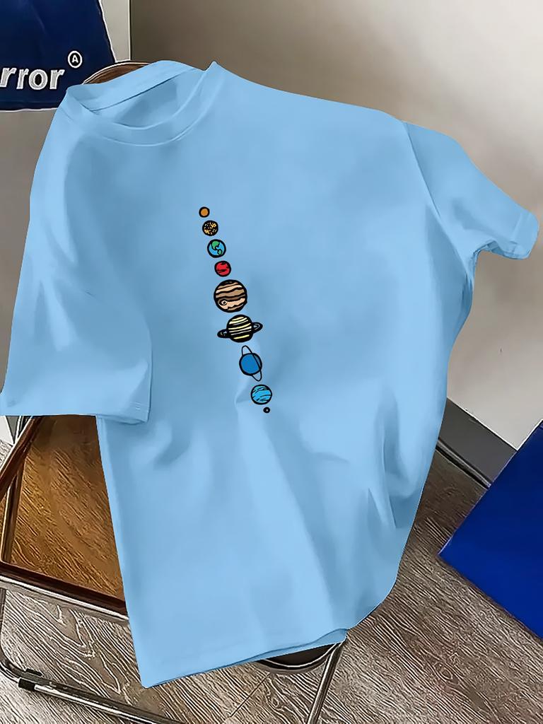 Men's T-Shirt - Vibrant Green Geometric Planet Print, Regular Fit Round Neck Casual & Sporty Summer Tee for Outdoor Activities