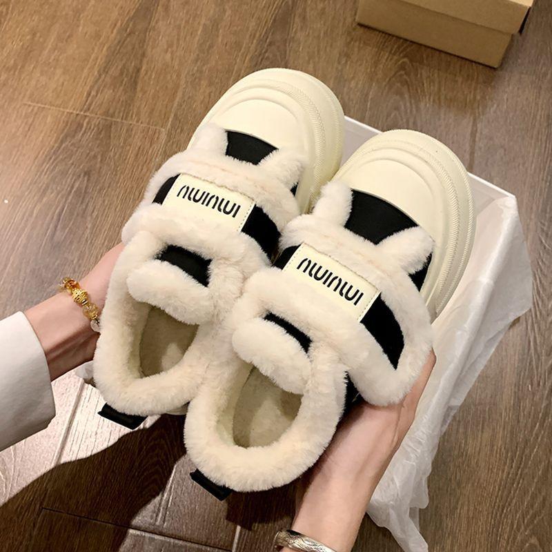 Популярные туфли на толстой подошве из хлопка с липучками, зима 2025, новые плюшевые утолщенные пушистые туфли, теплые туфли на подошве из маффина для женщин