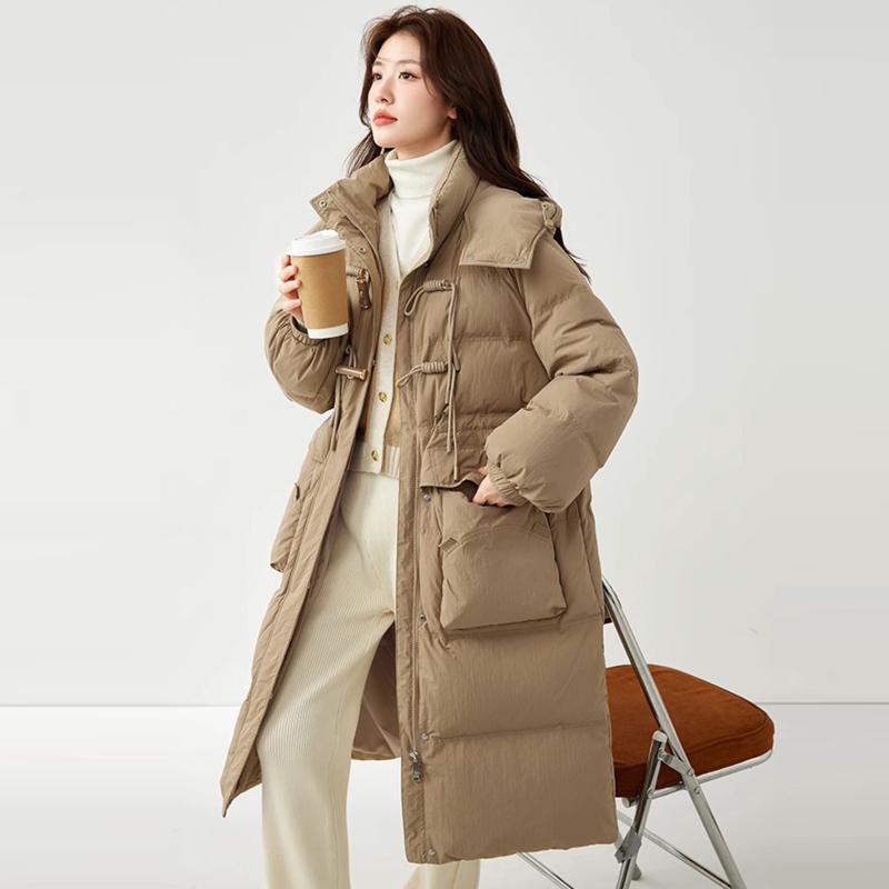 Women's Long Loose Light Down Jacket Autumn Winter Hooded Straight White Duck Down Coat Stand Collar Big Pocket Solid Color