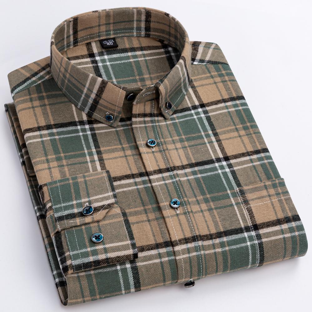 Men's Fashion Brushed Flannel Plaid Striped Shirts Single Patch Pocket Comfortable 100% Cotton Long Sleeve Standard-fit Shirt