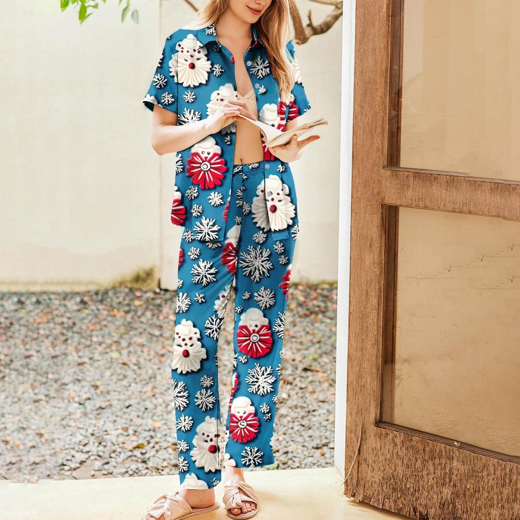 Женский рождественский пижамный комплект с принтом, женские короткие рукава, длинные брюки, комплект из двух предметов, застегивающийся на пуговицы, домашняя одежда