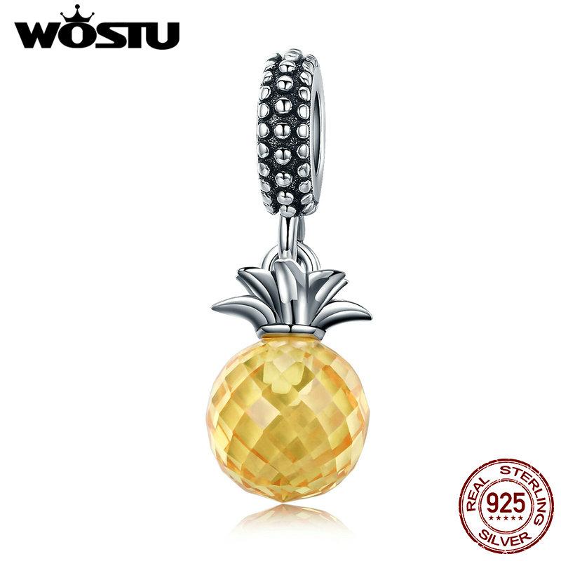 WOSTU 925 Sterling Silver Yellow Crystal Charms Pineapple Pendant Retro Bead Fit Original Bracelet Necklace Women Jewelry Making