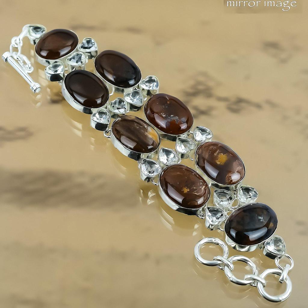 Gift For Women Chain Adjustable Bracelet 925 Silver Natural Petrified Wood