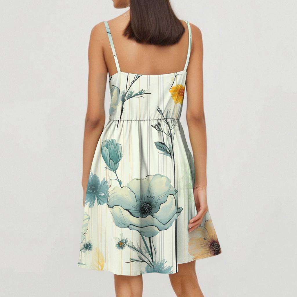 Женская мода повседневные платья с V-образным вырезом и бретелями без рукавов с цветочным принтом