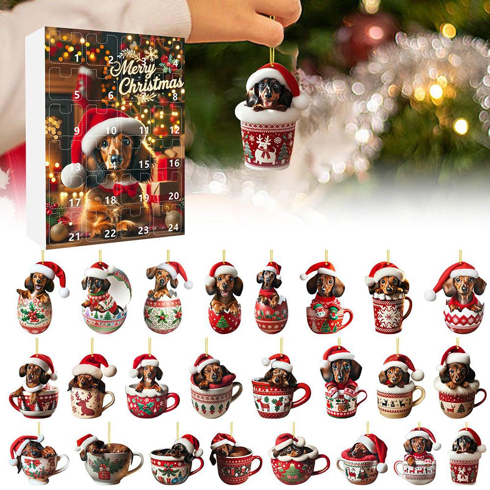24 Days Dachshunds Christmas Holiday Advent Calendar 2D Acrylic Dachshunds Ornament Countdown Calendar Xmas Tree Hanging Pendant