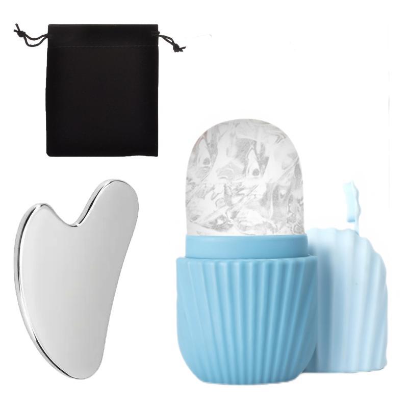 2-in-1 Silicone Ice Roller Mold & Stainless Steel Gua Sha Set, Facial Depuffing & Massage Kit with Storage Bag