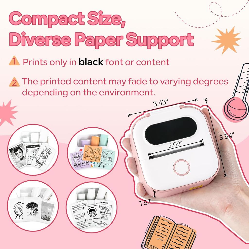 Sticker Maker Machine, Print Pods Mini Printer with Sticker, Mini Portable Printer Y02C, Bluetooth Inkless Receipt for Phone, Thermal Portable