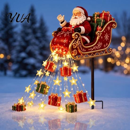 Outdoor Santa Claus Pathway Decor Sleigh Figurine Light, Solar Powered Christmas Garden Stake Festive Walkway Lighting for Winter Pouring Gifts Stars