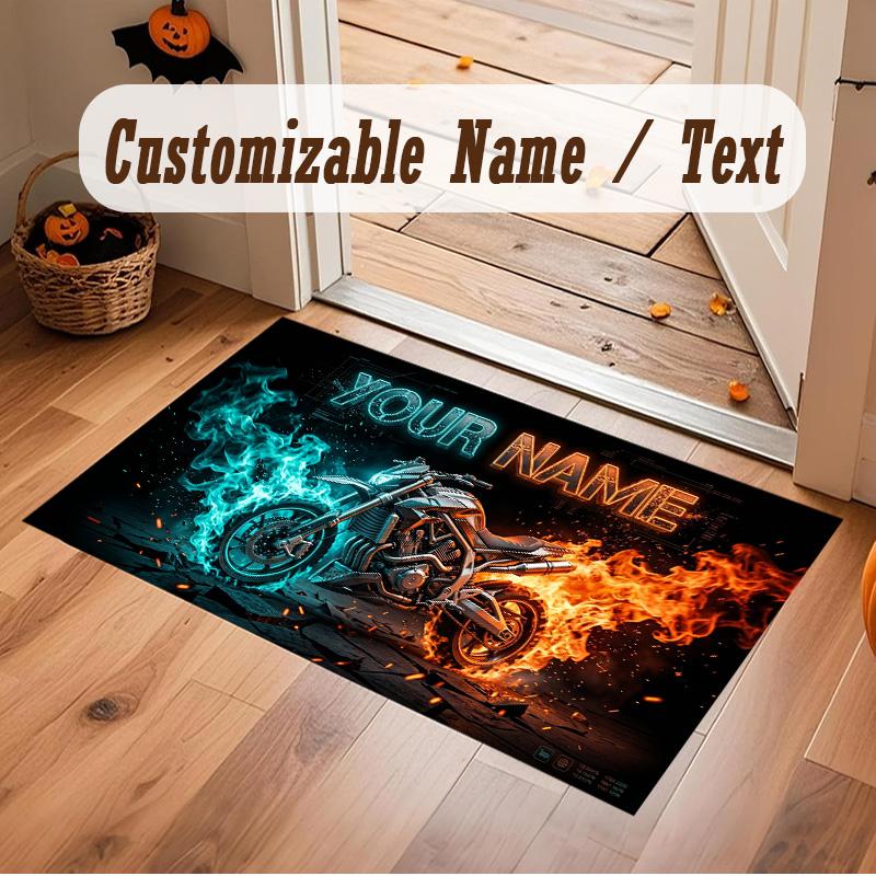 Motorcycle Biker Theme Soft Crystal Velvet Rug Custom Name & Text Print Non Slip Floor Rug for Bedroom Living Room