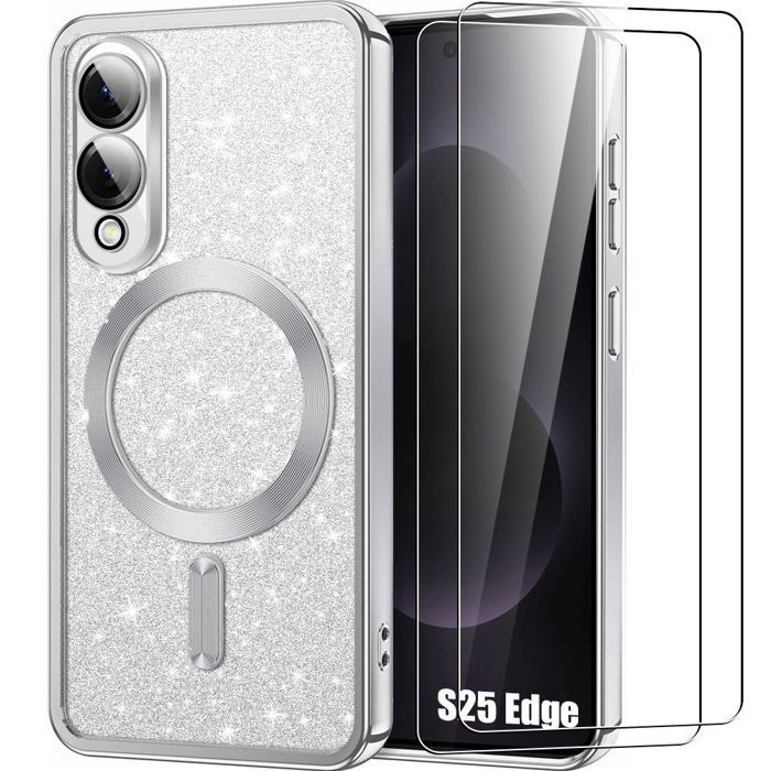 Чехол для Samsung Galaxy S25 Edge - BOOLING - с Магнитным Кольцом - Серебристый - 2 Закаленных Стекла