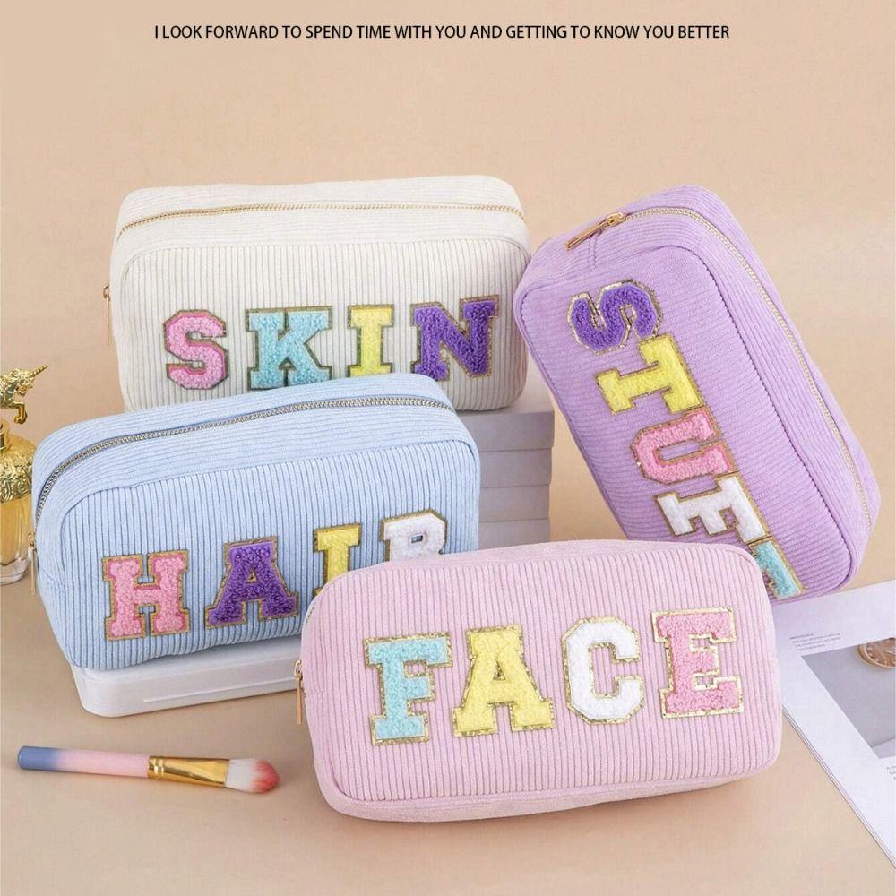 Corduroy Storage Bag Pink Beige Blue Purple Embroidery Letter Travel Makeup Bag High Capacity Lipstick Organizer Women Girls