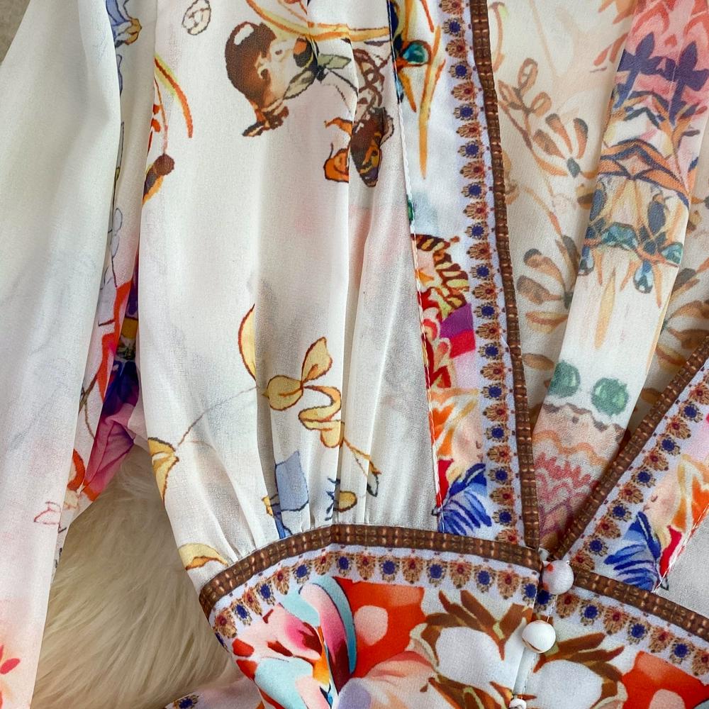 Однобортное свободное платье трапециевидной формы с длинными рукавами и V-образным вырезом на талии и принтом Temperament