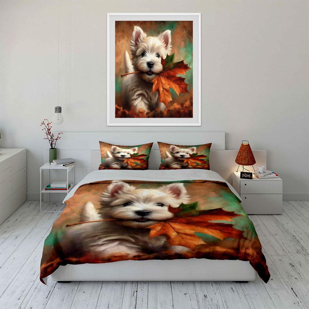 Cute Dog Autumn Decoration Set Bedding Set with 1 Duvet Cover 2 Pillowcases Single Double King Queen, Gift