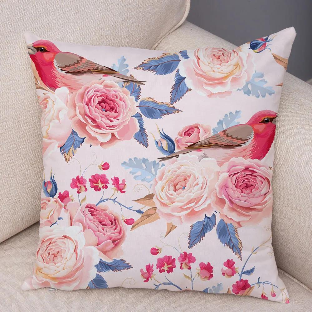Nordic Style Rose Flower And Birds Pillow Case Cushion Cover For Car Sofa Super Soft Plush Decor Flower Plant Animal Pillowcase