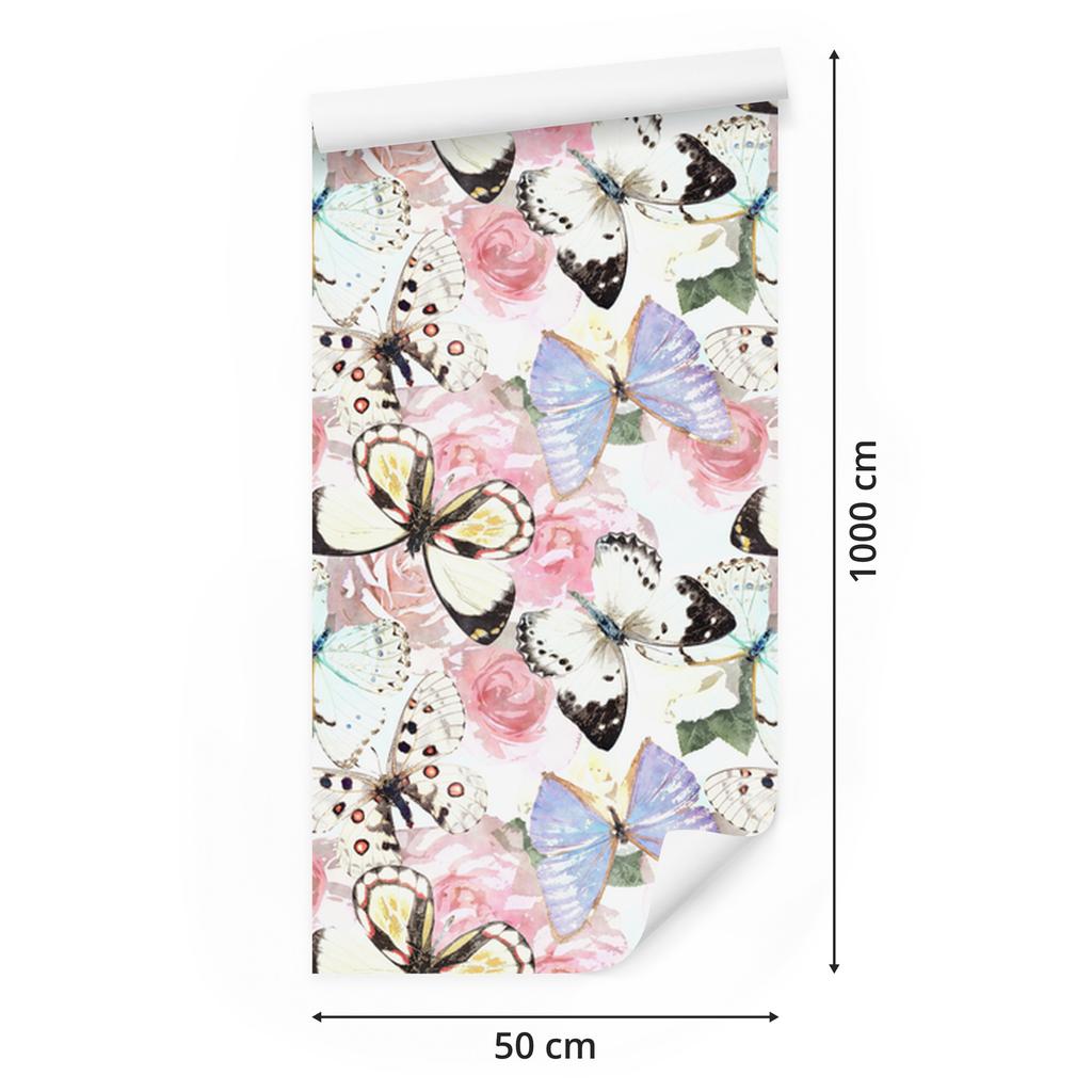 Wallpaper Flowers, plants and butterflies for living room and bedroom 50x1000