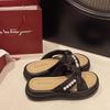 2025 New Thick-bottomed One-word Drag Sandals Women's Summer Wear Casual Retro Pearl Slippers