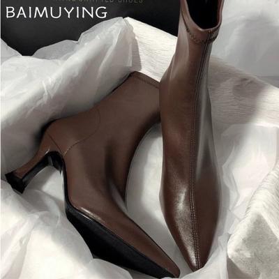 Женские ботильоны на высоком каблуке с острым носком, дизайнерские элегантные кожаные туфли 2025 года, трендовые зимние туфли-лодочки Chelsea Botas De Mujer