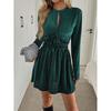 New European and American Temperament French Velvet Pleated Round Neck Hollow Long Sleeve Waist Slim and Thin Dress